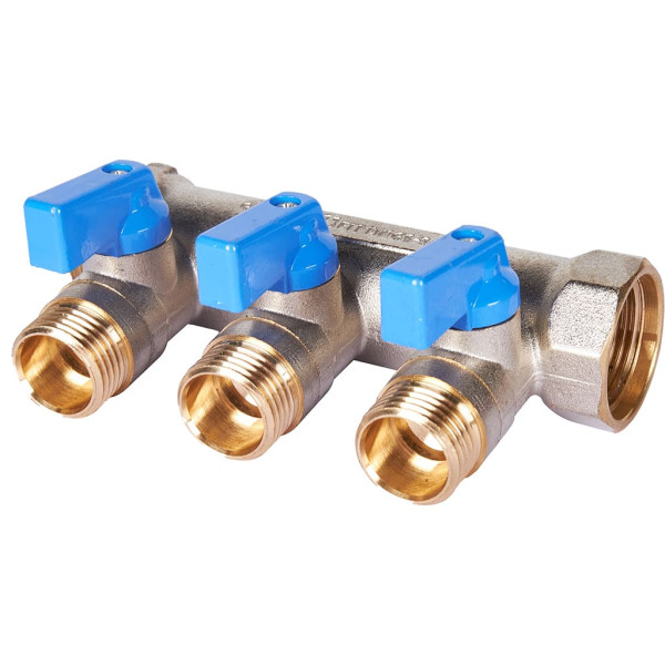 Коллектор 3 отвода с шаровыми клапанами 3/4"x1/2"(16) Stout (никель, синие ручки) (SMB-6211-341203) Коллектор 3 отвода с шаровыми клапанами 3/4"x1/2"(16) Stout (никель, синие ручки) (SMB-6211-341203)
