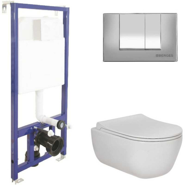 Комплект инсталляция с унитазом Berges: инсталляция NOVUM525, кнопка S3 хром глянец, унитаз EGO Rimless, сидение дюропласт Toma Slim SO, микро Комплект инсталляция с унитазом Berges: инсталляция NOVUM525, кнопка S3 хром глянец, унитаз EGO Rimless, сидение дюропласт Toma Slim SO, микро
