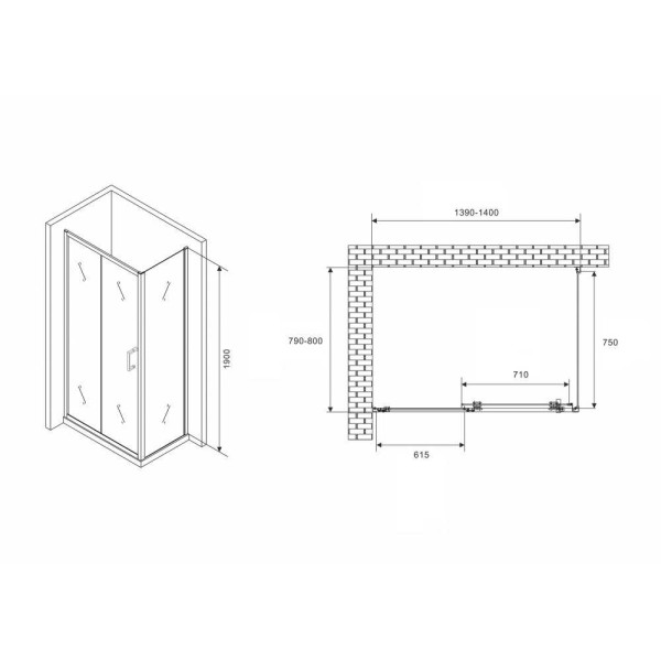 Душевой уголок Abber Schwarzer Diamant 80x140 стекло прозрачное, профиль профиль хром (AG301405-S805)