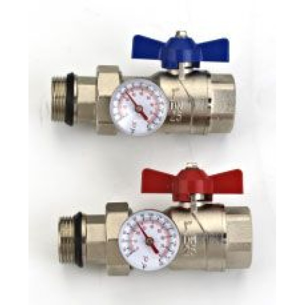 Комплект прямых шаровых кранов с термометром, сгоном и уплотнением 1" (бабочка красного и синего цвета) (33503)