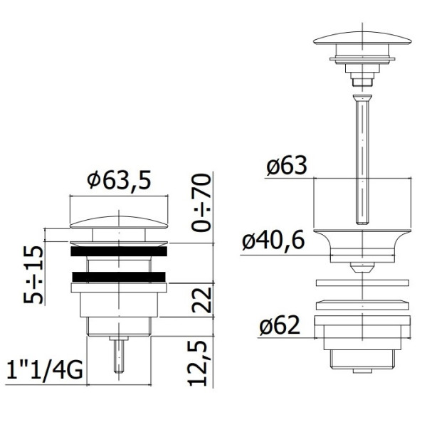 Донный клапан 1 1/4" Paffoni клик-клак, черный (ZSCA050NO) Донный клапан 1 1/4" Paffoni клик-клак, черный (ZSCA050NO)