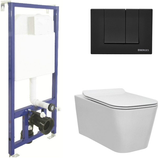 Комплект инсталляция с унитазом Berges Novum525 c с кнопкой S5 SoftTouch черная, унитаз FLOE Rimless, сиденье Floe Slim SO (043230)