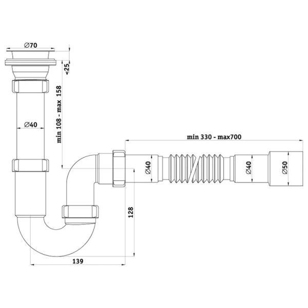Сифон 40 мм. трубный АНИ с выпуском 1 1/2"*70 мм., с гибкой трубой 40*40/50 АНИ пласт (D0115)