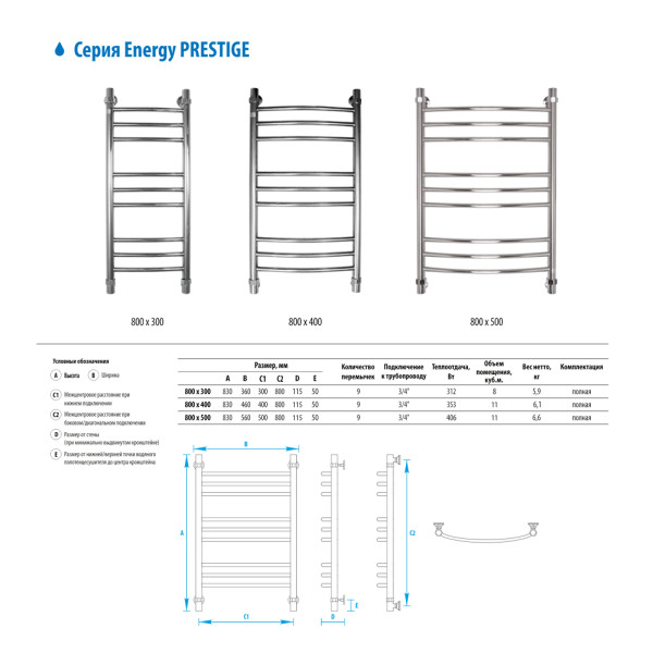 Полотенцесушитель водяной Energy Prestige 800x500 белый матовый