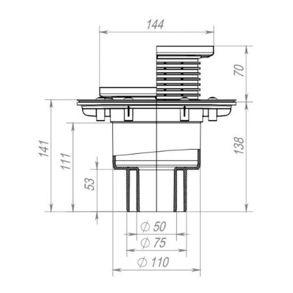 Трап вертикальный регулируемый DN 50/75/110 (122x122) Fachmann T 310.0 SNsP с решеткой из нержавеющей стали (незамерзающий затвор) (04.019)