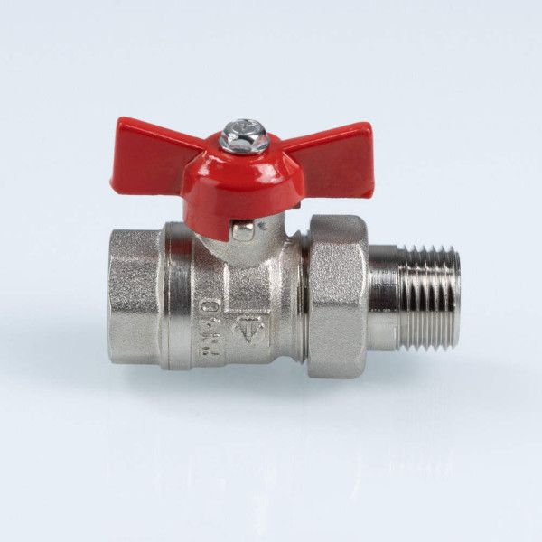 Кран 1 1/4" шаровый со сгоном Valtec Стандарт никелированный (ГОСТ, красная бабочка) VT.127.N.07