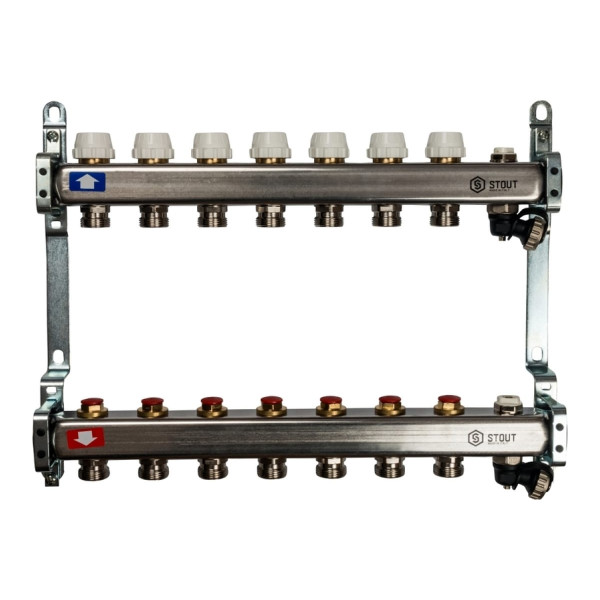 Коллекторная группа 7 отводов 1"x3/4"(18)EK без расходомеров, с клапаном вып. воздуха и сливом Stout (нерж.сталь) (SMS-0932-000007)