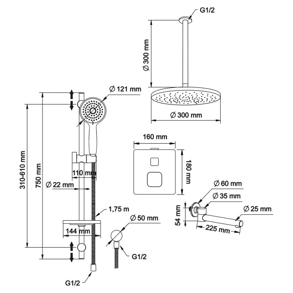 Смеситель для ванны и душа Swedbe Platta встраиваемый термостат с верхним душем и повортн.изливом хром (5561)