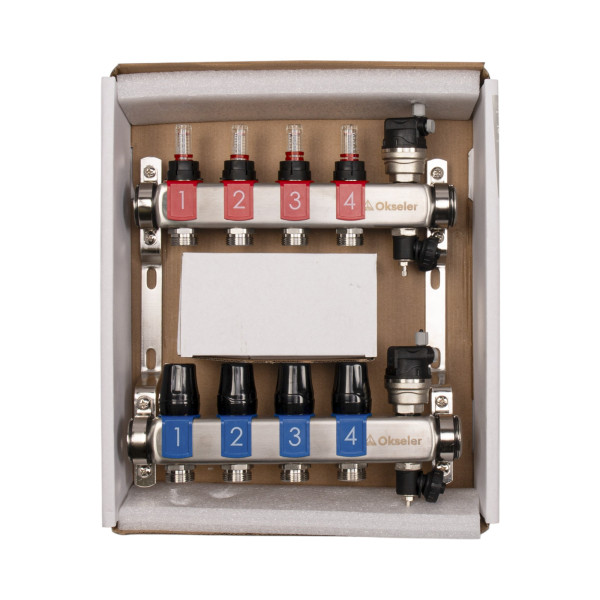 Коллекторная группа 4 отвода 1"*3/4"(18) ЕК с расходомерами Okseler (нерж.ст) с автоматическими воздухоотводчикоми и шаровыми кранами с термометрами (