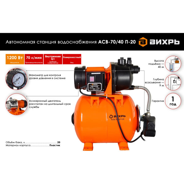 Станция водоснабжения автономная Вихрь АСВ-70/40 П-20 (68/1/16)