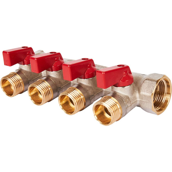 Коллектор 4 отвода с шаровыми клапанами 3/4"x1/2"(16) Stout (никель, красные ручки) (SMB-6210-341204) Коллектор 4 отвода с шаровыми клапанами 3/4"x1/2"(16) Stout (никель, красные ручки) (SMB-6210-341204)