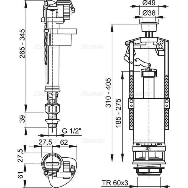 Арматура для смывного бачка AlcaPlast 1/2", 1-уровневая, с донным клапаном (SA2000S 1/2" CHROM)