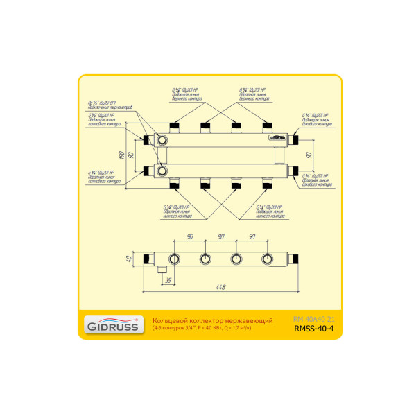 Коллектор кольцевой для отопления на 4 - 5 контуров Gidruss RMSS-40-4 (G 3/4", 90 мм)