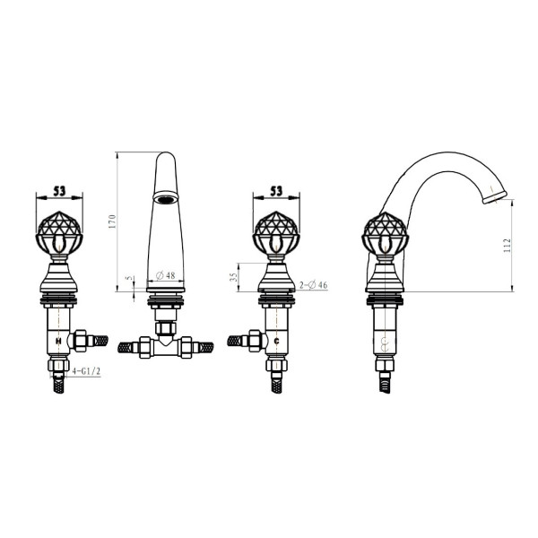 Смеситель для раковины на 3 отверстия Boheme Imperiale Presente золотой (337)