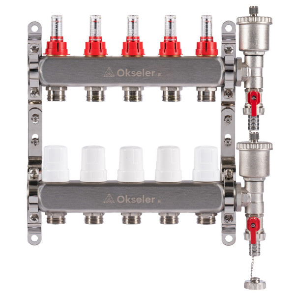 Коллекторная группа 5 отводов 1"*3/4"(18) ЕК с расходомерами Okseler (нерж.ст) с автоматическим воздухоотводчиком и спускным краном (Oks00343)