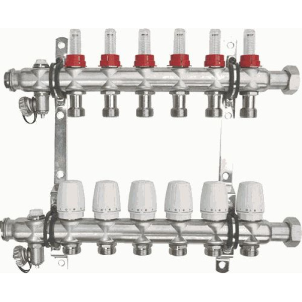 Коллекторная группа 6 отводов 1"*3/4"(18)EK с накидной гайкой и расходомерами TeRma (нерж.ст) (14259)