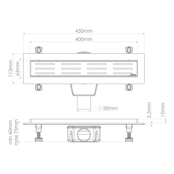 Лоток душевой 400 мм. Nova (боковой слив 360° D50, сухой затвор, решетка из нерж.ст / полоска горизонтальная) (5640)