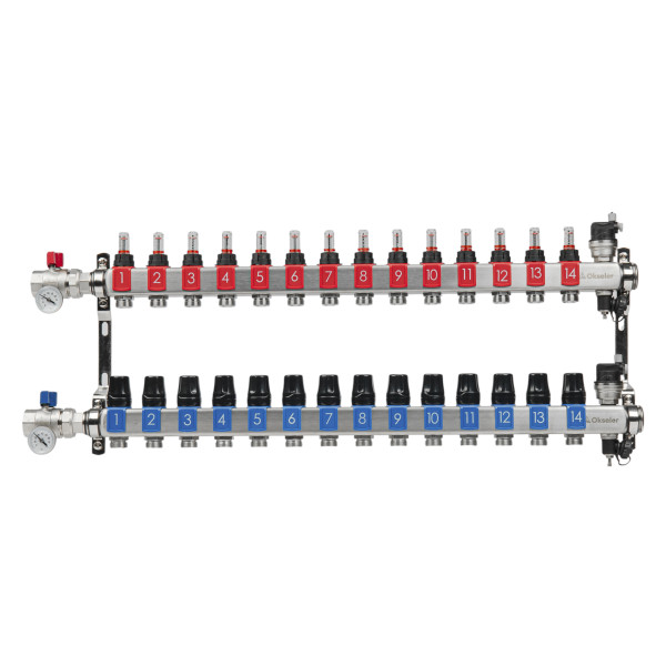 Коллекторная группа 14 отводов 1"*3/4"(18) ЕК с расходомерами Okseler (нерж.ст) с автоматическими воздухоотводчикоми и шаровыми кранами с термометрами