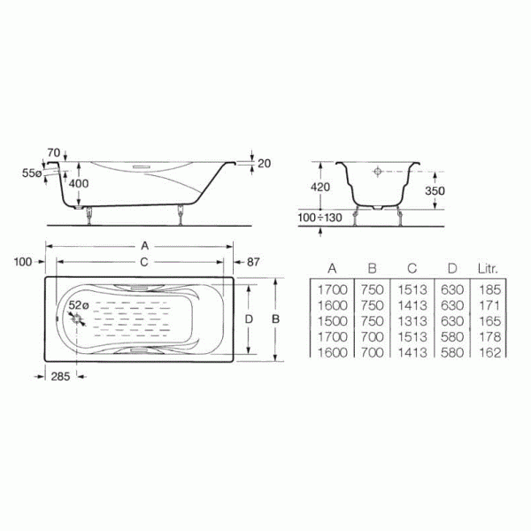 Ванна чугунная Roca Malibu 170x70 с отв. под ручки, c противоскользящим покрытием (2333G0000) Ванна чугунная Roca Malibu 170x70 с отв. под ручки, c противоскользящим покрытием (2333G0000)