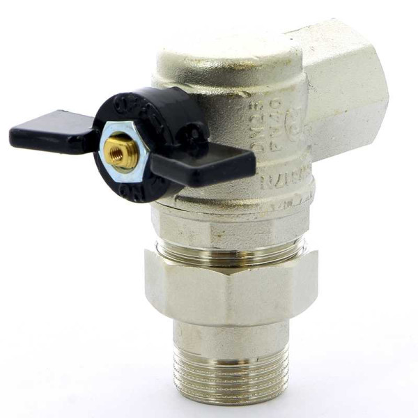 Кран Bugatti угловой 1" шаровый со сгоном Oregon 594 (черная бабочка) (05940009)