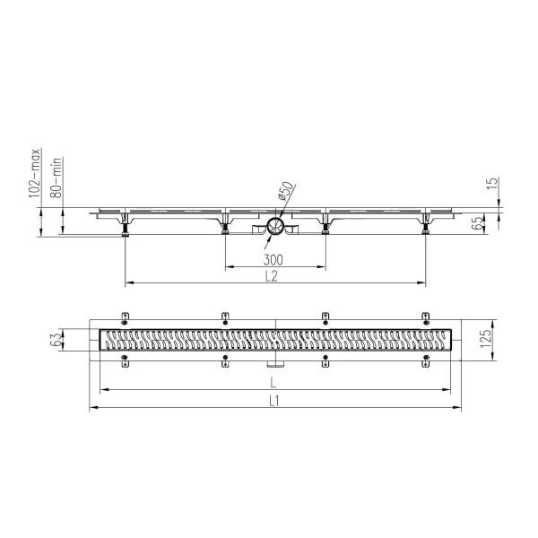 Лоток душевой 1050 мм. MCH Chudej Medium Black Edition (решетка нерж. сталь черная, боковой слив D 50) CH1050/50MC