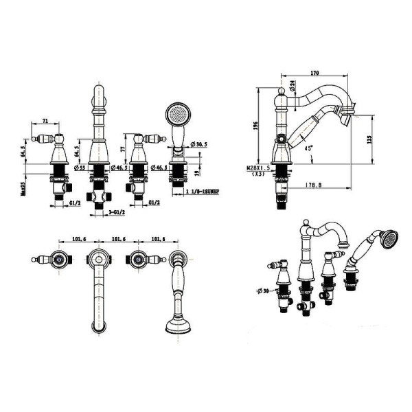 Смеситель на борт ванны Boheme Royal Cristal бронзовый с душевым комплектом (391-Royal/CRST)