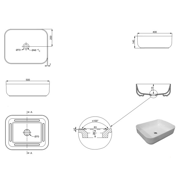 Раковина накладная Creo Ceramique 50х40х14 белая глянцевый (PU4200)