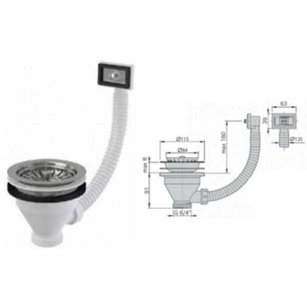 Выпуск для мойки 1 1/2"х115 мм. (с гофропереливом, с нерж. решеткой) Miano (M1122)