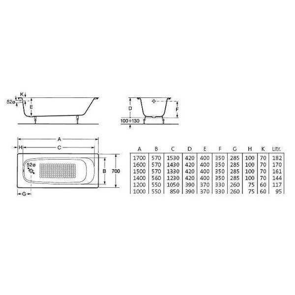 Ванна чугунная Roca Continental 160x70 c противоскользящим покрытием (21291200R)