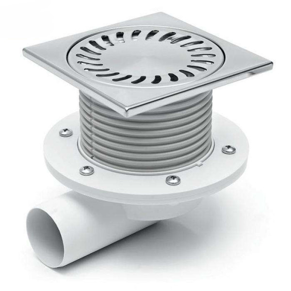 Трап MCH для пола с боковым сливом D50 решетка нерж. 150х150 c воротником .