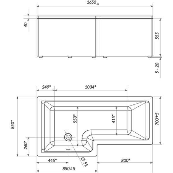 Ванна акриловая 1Marka Linea 165x85 левосторонняя белая (01лин16585л)
