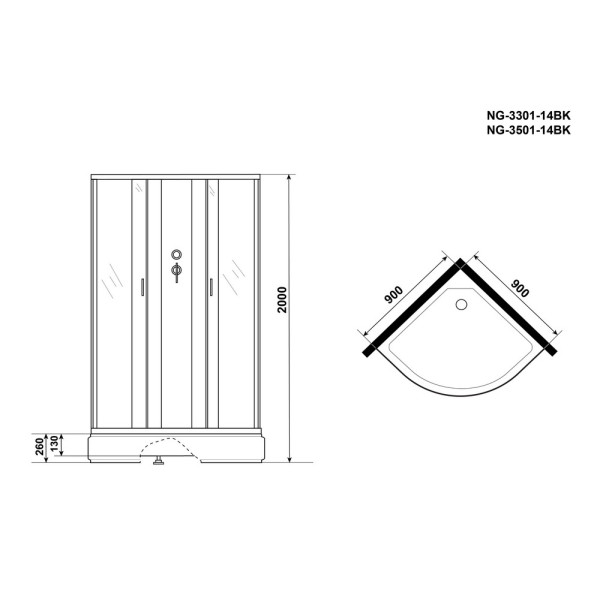 Душевая кабина 90x90 стекло тонированное, профиль хром матовый (NG-3501-14BK)