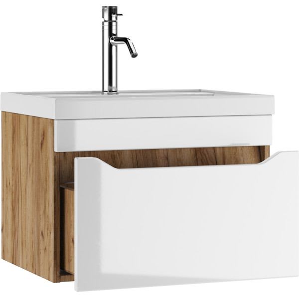 Тумба подвесная под умывальник Bazis 60 Ева с одним ящиком В1 Дуб Вотан Айсберг Домино (DA5906T)