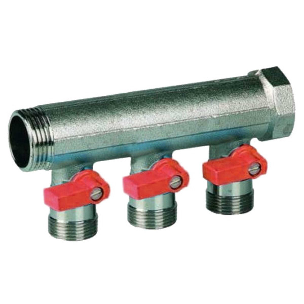 Коллектор 3 отв. с шаровыми кранами 3/4"х3/4"НР под евроконус, Henco красные ручки (VB050503-ROOD)