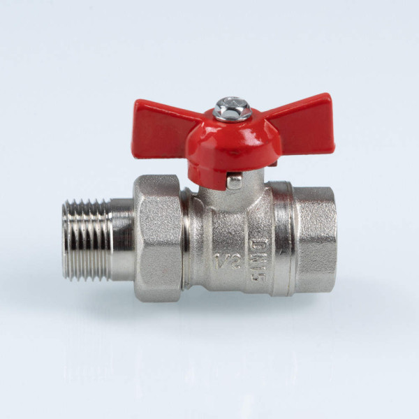 Кран 1 1/4" шаровый со сгоном Valtec Стандарт никелированный (ГОСТ, красная бабочка) VT.127.N.07