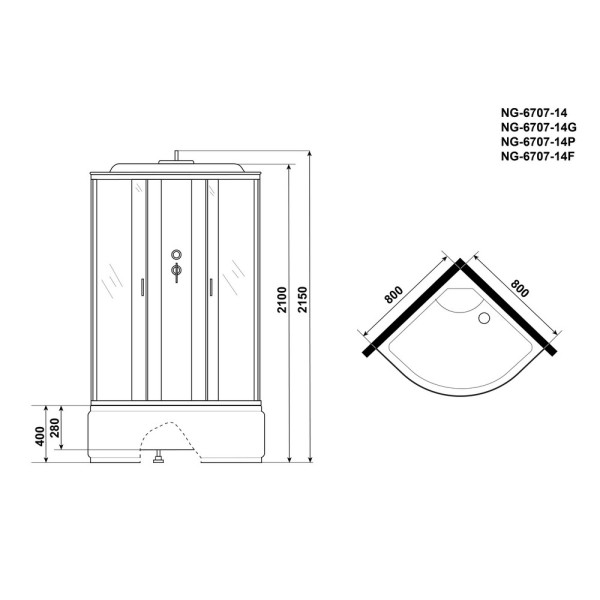 Душевая кабина Classic 80x80 стекло прозрачное, профиль черный (NG-6707-14P)