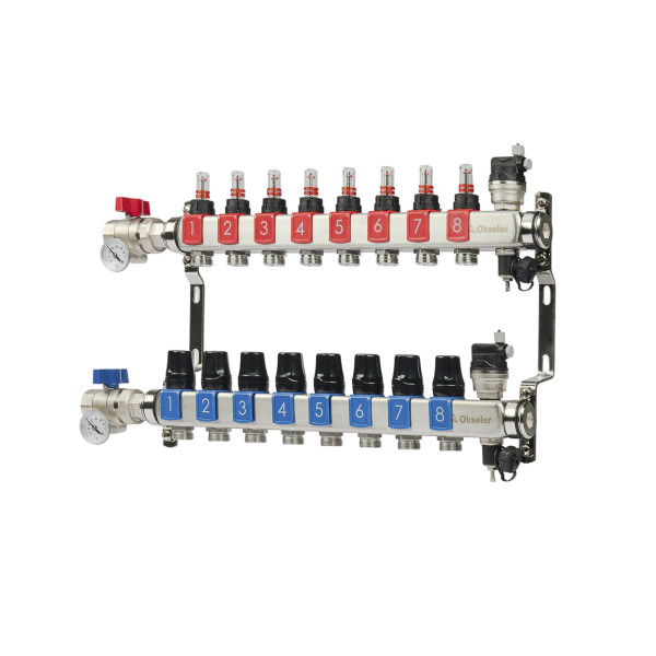 Коллекторная группа 8 отводов 1"*3/4"(18) ЕК с расходомерами Okseler (нерж.ст) с автоматическими воздухоотводчикоми и шаровыми кранами с термометрами