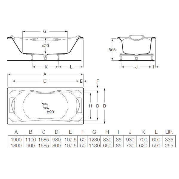 Ванна акриловая Roca Becool Biplaza 180х90 с двумя подголовниками, ручкой, ножками ( 248013001)