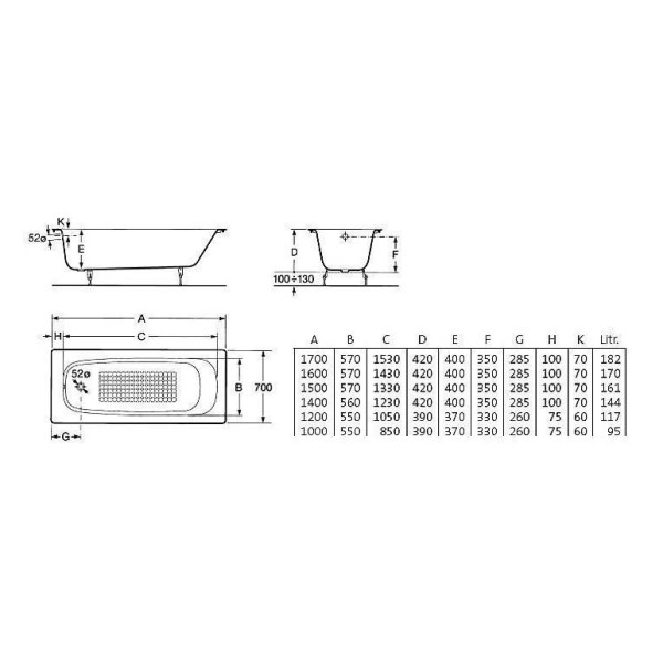 Ванна чугунная Roca Continental 140x70 c противоскользящим покрытием (212914001)