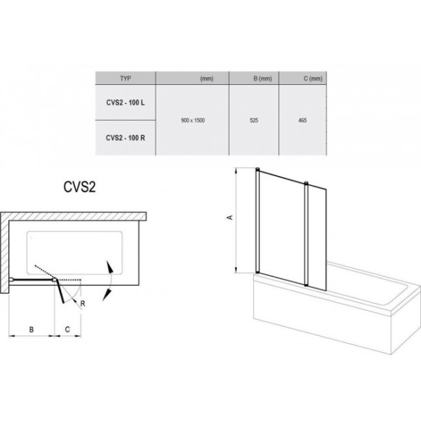 Душевая шторка на ванну Ravak Chrome CVS2-100 100х150 стекло transparent, профиль хром R (7QRA0U00Z1)