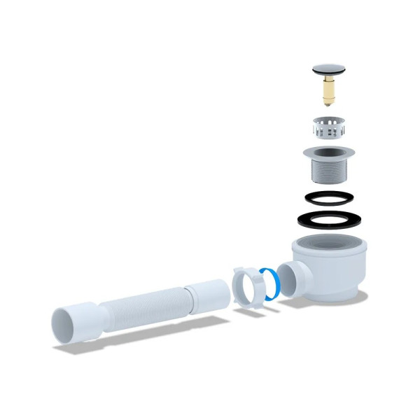 Сифон для душевого поддона АНИ 1 1/2"*50 (h=74 мм.) с гибкой трубой 375*40/50, клик-клак (сетка хром) АНИ пласт (E415CLS)