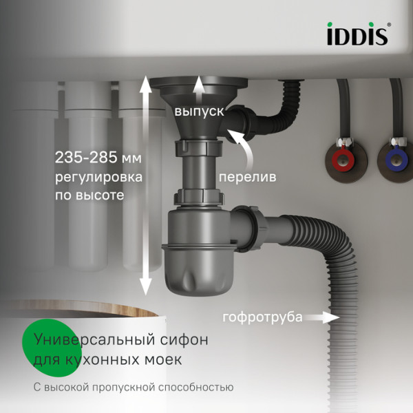 Сифон Iddis 40x3 1/2" бутылочный Iddis с выпуском переливом и гофротрубой Optima Home (900CVG0P10VD) Сифон Iddis 40x3 1/2" бутылочный Iddis с выпуском переливом и гофротрубой Optima Home (900CVG0P10VD)