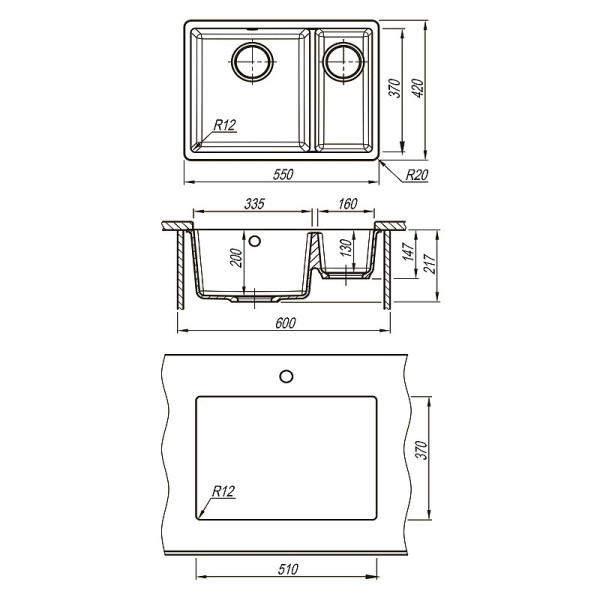 Мойка для кухни врезная Lemark Sinara 550.2-U 550x420 антрацит (9910079)