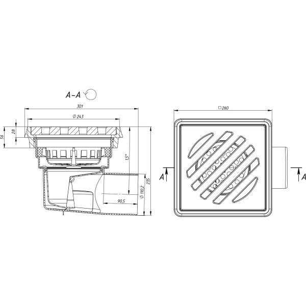 Трап нерегулируемый Fachmann Т 605 PNsG 260x260 горизонтальный выпуск DN 110 с корзинкой и незамерзающим гидрозатвором, решетка чугунная, чугунный под