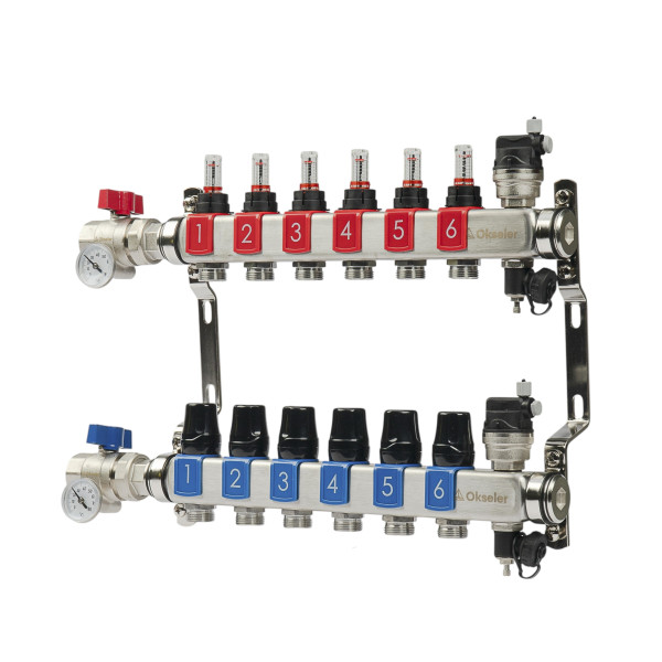 Коллекторная группа 6 отводов 1"*3/4"(18) ЕК с расходомерами Okseler (нерж.ст) с автоматическими воздухоотводчикоми и шаровыми кранами с термометрами Коллекторная группа 6 отводов 1"*3/4"(18) ЕК с расходомерами Okseler (нерж.ст) с автоматическими воздухоотводчикоми и шаровыми кранами с термометрами