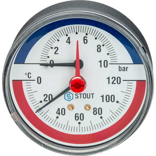 Термоманометр радиальный Stout 1/2" 80 мм 0-120°С 0-10 бар Stout (с автоматическим запорным клапаном) (SIM-1006-801015)