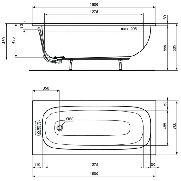 Ванна акриловая Ideal Standard I.Life B 160x70x50 белая (T475801)