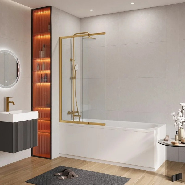 Душевая шторка для ванны Cezares Slider 90x7x150 стекло прозрачное, профиль брашированное золото (SLIDER-VF-11-90/150-C-BORO)