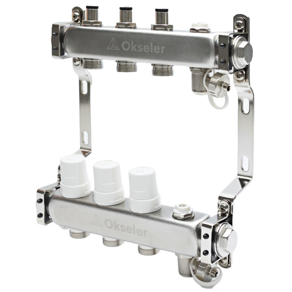 Коллекторная группа 8 отводов 1"*3/4"(18) ЕК с регулировочными клапанами Okseler (нерж.ст) с дренажным краном и краном Маевского (Oks00980)