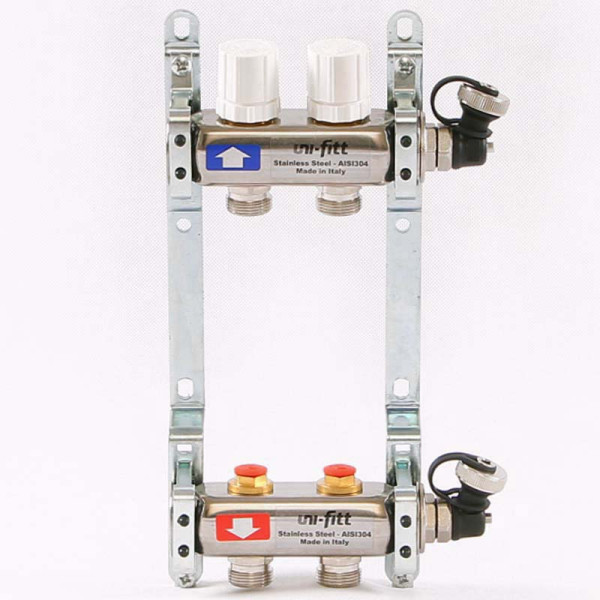 Коллекторная группа Uni-Fitt 2 отвода 1"х3/4" с балансировочными и термостатическими вентилями нерж. сталь